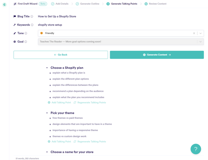 a screen shot of a dashboard for using AI Content Generation frameworks